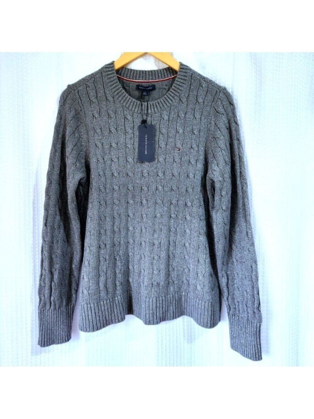 NWT Tommy Hilfiger Cable Knit Sweater Womens L Gray Metallic Shimmer Crewneck Ne
